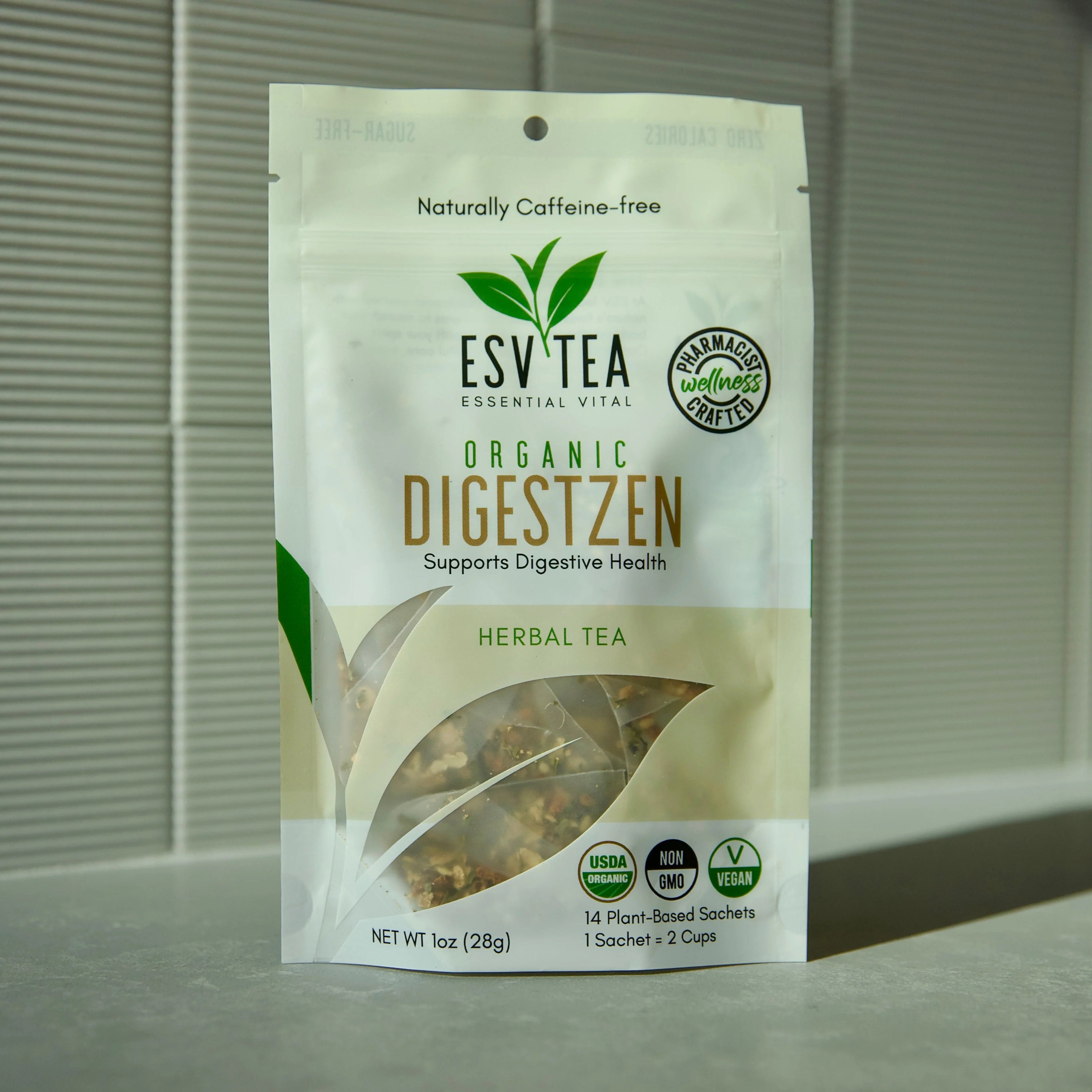 ESV Tea Organic Digestizen herbal tea package on a neutral background