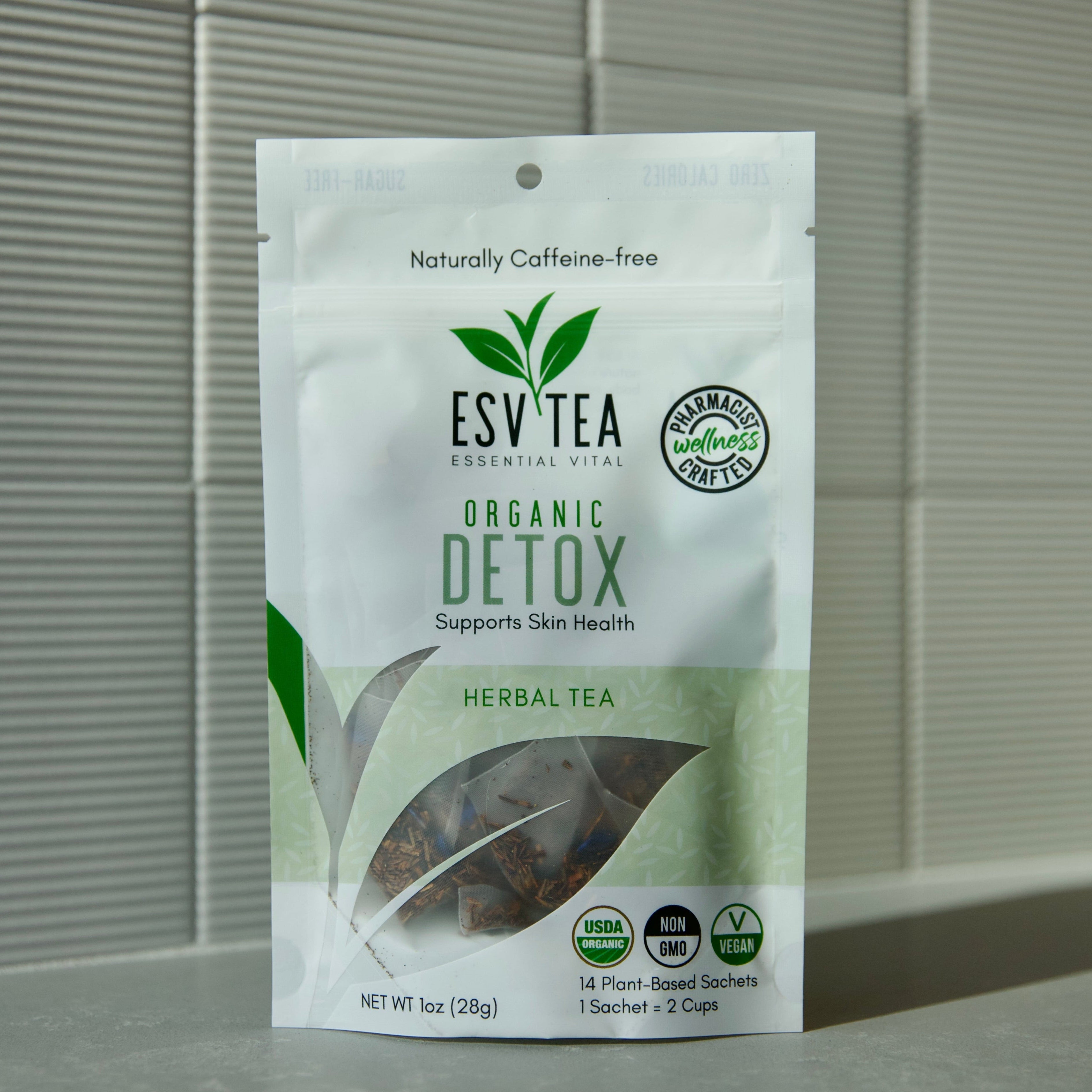 ESV Tea Organic Detox Herbal Tea package on a neutral background
